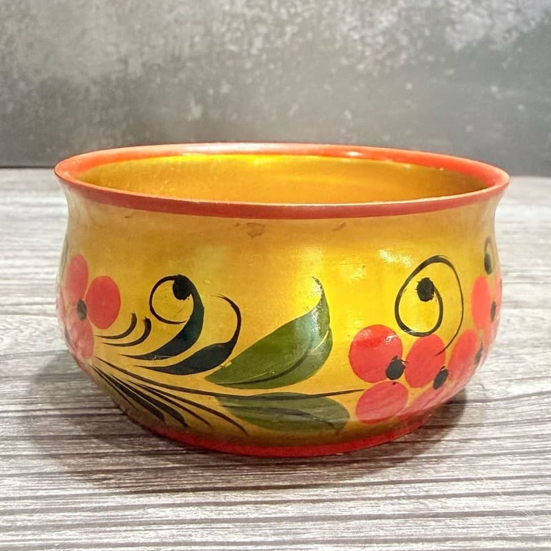 Vintage Russian Khokhloma Hand Painted Lacquered Wooden Bowl USSR