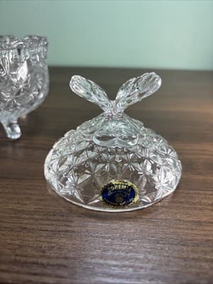 Vintage Bohemia Czech Republic Crystal Footed Candy Trinket Dish w/Butterfly Lid - Thumbnail 7
