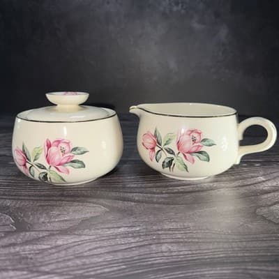 HOMER LAUGHLIN USA RHYTHM PINK MAGNOLIA Creamer & Sugar Bowl with Lid