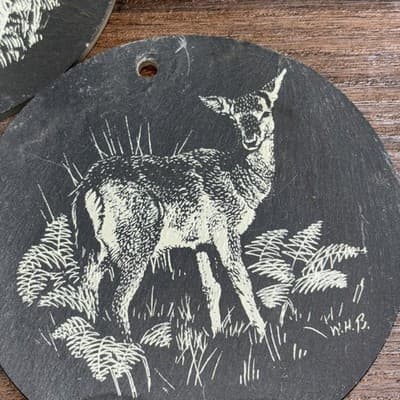 Hand Painted Christmas Ornaments Disney 1980’s Doe And Buck Deer Round Slate - Thumbnail 5