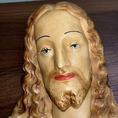 Vintage Sacred Heart Jesus Chalkware Hanging Wall Plaques 13" Church Sanctuary - Thumbnail 2