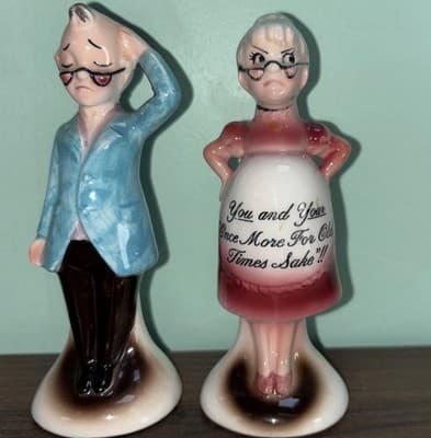 Vintage 1960's Old Man Old Pregnant Lady Salt and Pepper Shakers Enesco Japan - Thumbnail 2