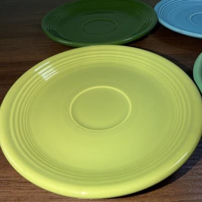 Fiesta Saucers 6" By Homer Laughlin Retired USA Lot of 4 Lime Green Teal Blue - Thumbnail 2