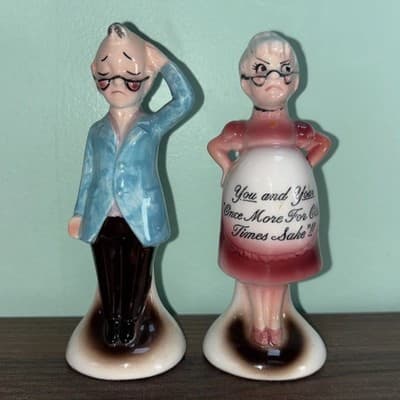 Vintage 1960's Old Man Old Pregnant Lady Salt and Pepper Shakers Enesco Japan