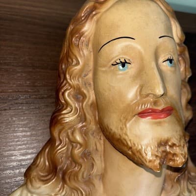 Vintage Sacred Heart Jesus Chalkware Hanging Wall Plaques 13" Church Sanctuary - Thumbnail 4