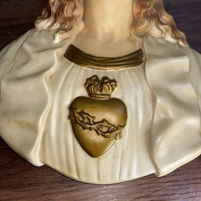 Vintage Sacred Heart Jesus Chalkware Hanging Wall Plaques 13" Church Sanctuary - Thumbnail 3