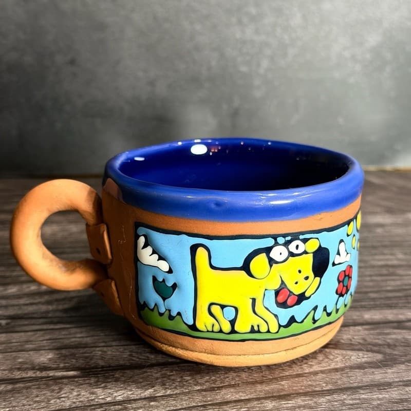 Mara Mexico Stoneware Dog Mug, Hand Painted Blue & Yellow Dogs, 12oz