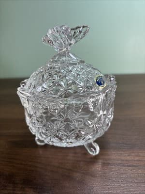 Vintage Bohemia Czech Republic Crystal Footed Candy Trinket Dish w/Butterfly Lid - Thumbnail 6