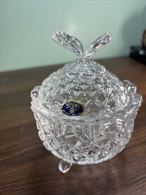 Vintage Bohemia Czech Republic Crystal Footed Candy Trinket Dish w/Butterfly Lid - Thumbnail 3