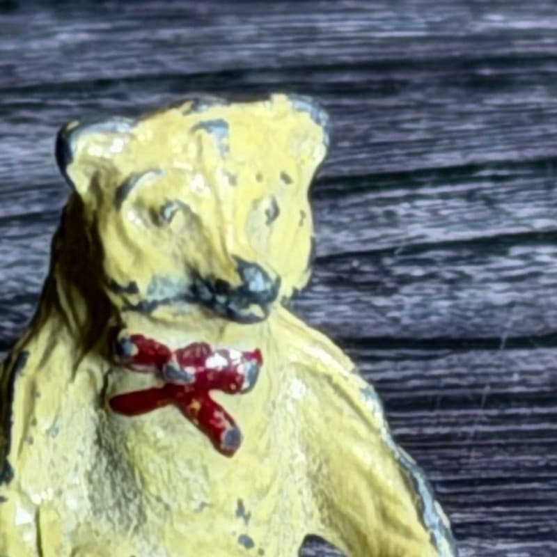 Vintage Miniature Lead Teddy Bear Figurine, Sitting Yellow Bear with Red Bow, 1" - Thumbnail 2