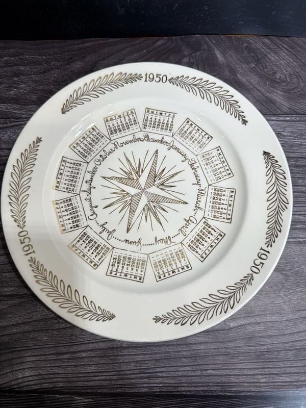 Vintage 1950 Calendar Collector Plate with Compass Gold Trim, 10 Inch