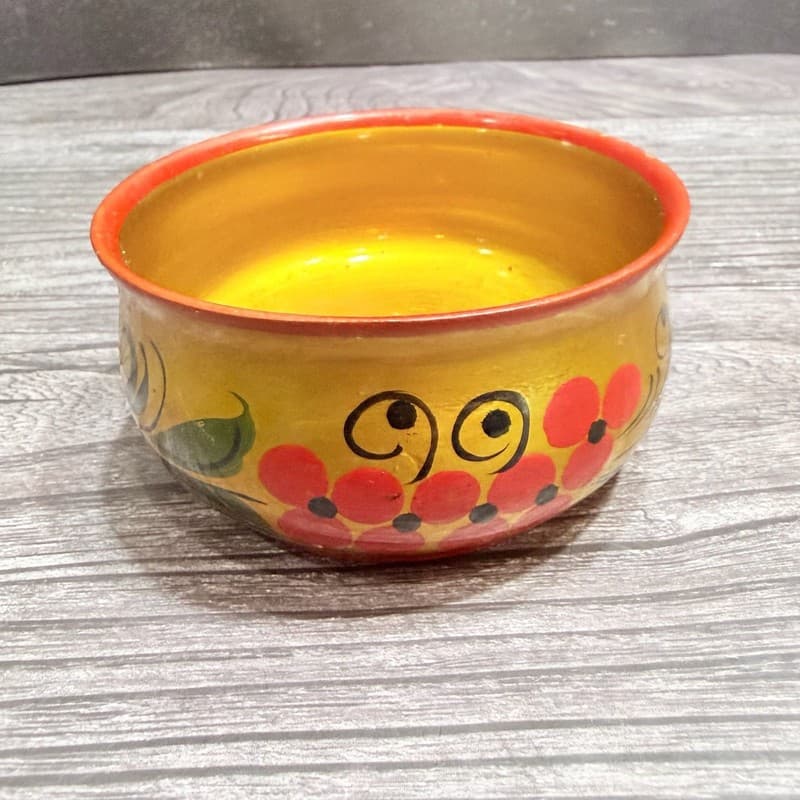 Vintage Russian Khokhloma Hand Painted Lacquered Wooden Bowl USSR - Thumbnail 2