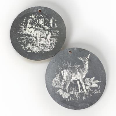 Hand Painted Christmas Ornaments Disney 1980’s Doe And Buck Deer Round Slate