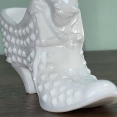Vintage Paper Label Fenton Milk Glass Hobnail Cat Head High Heel Shoe Slipper - Thumbnail 5