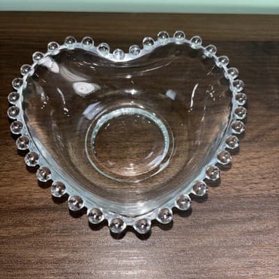 Vintage Imperial Candlewick Heart Shaped Bowl Clear Glass Hobnail Beaded Edge