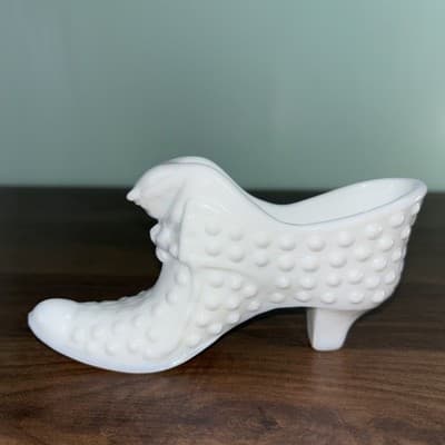 Vintage Paper Label Fenton Milk Glass Hobnail Cat Head High Heel Shoe Slipper - Thumbnail 6
