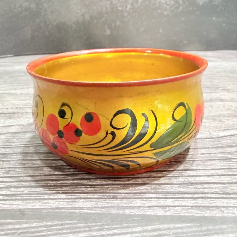 Vintage Russian Khokhloma Hand Painted Lacquered Wooden Bowl USSR - Thumbnail 4