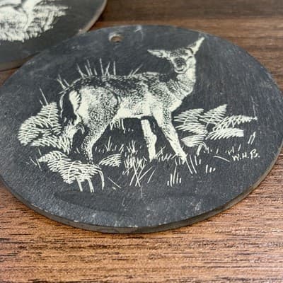 Hand Painted Christmas Ornaments Disney 1980’s Doe And Buck Deer Round Slate - Thumbnail 6