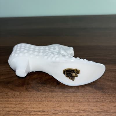 Vintage Paper Label Fenton Milk Glass Hobnail Cat Head High Heel Shoe Slipper - Thumbnail 2