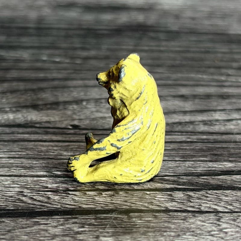 Vintage Miniature Lead Teddy Bear Figurine, Sitting Yellow Bear with Red Bow, 1" - Thumbnail 3