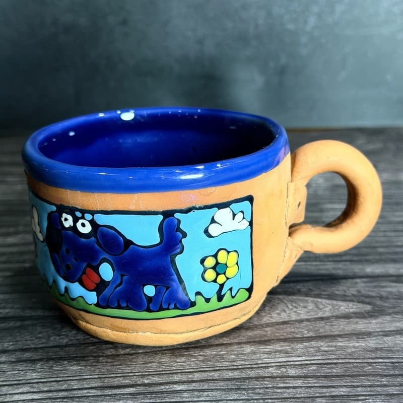 Mara Mexico Stoneware Dog Mug, Hand Painted Blue & Yellow Dogs, 12oz - Thumbnail 3