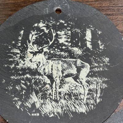 Hand Painted Christmas Ornaments Disney 1980’s Doe And Buck Deer Round Slate - Thumbnail 4