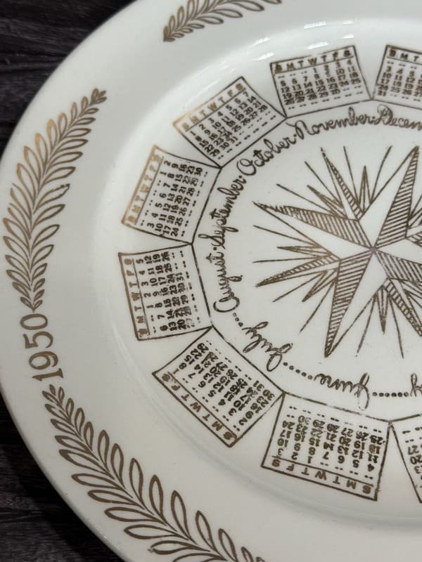 Vintage 1950 Calendar Collector Plate with Compass Gold Trim, 10 Inch - Thumbnail 4