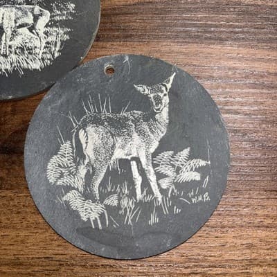 Hand Painted Christmas Ornaments Disney 1980’s Doe And Buck Deer Round Slate - Thumbnail 2