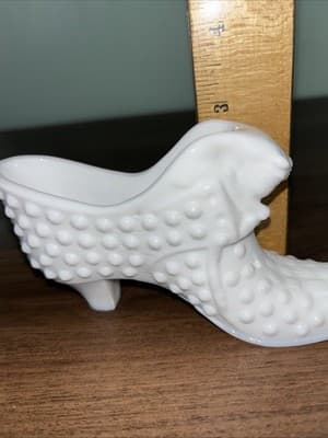 Vintage Paper Label Fenton Milk Glass Hobnail Cat Head High Heel Shoe Slipper - Thumbnail 12