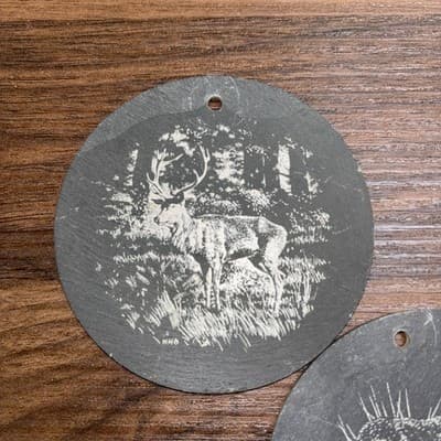Hand Painted Christmas Ornaments Disney 1980’s Doe And Buck Deer Round Slate - Thumbnail 3