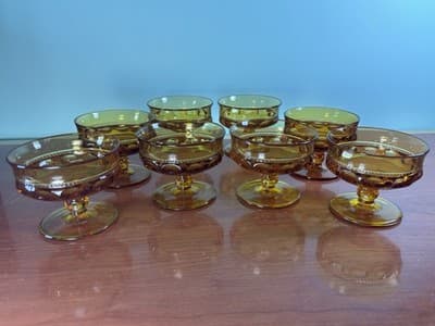 6 INDIANA Amber Glass KINGS CROWN Thumbprint Footed 6oz SHERBET Dessert Dish 3"T