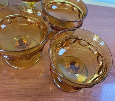6 INDIANA Amber Glass KINGS CROWN Thumbprint Footed 6oz SHERBET Dessert Dish 3"T - Thumbnail 6