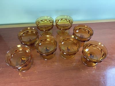 6 INDIANA Amber Glass KINGS CROWN Thumbprint Footed 6oz SHERBET Dessert Dish 3"T - Thumbnail 2