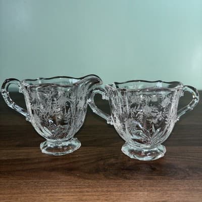 Vtg Fostoria Baroque Chintz Etched Sugar & Creamer 3 5/8” Tall Decorative Glas
