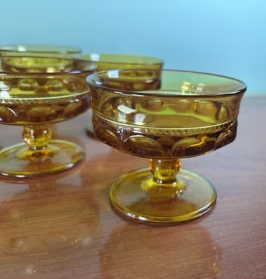 6 INDIANA Amber Glass KINGS CROWN Thumbprint Footed 6oz SHERBET Dessert Dish 3"T - Thumbnail 7