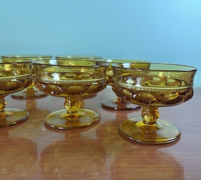 6 INDIANA Amber Glass KINGS CROWN Thumbprint Footed 6oz SHERBET Dessert Dish 3"T - Thumbnail 3