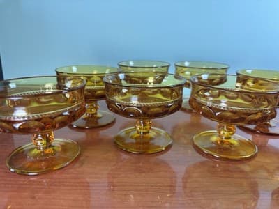6 INDIANA Amber Glass KINGS CROWN Thumbprint Footed 6oz SHERBET Dessert Dish 3"T - Thumbnail 4