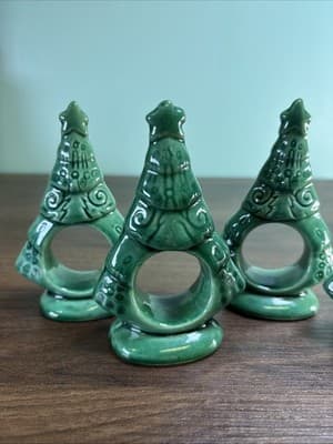 Christmas Ceramic Tree Napkin Rings Handmade & Perfect! Set Of 4 Vintage Large - Thumbnail 2