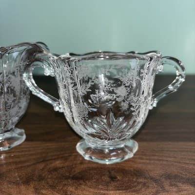 Vtg Fostoria Baroque Chintz Etched Sugar & Creamer 3 5/8” Tall Decorative Glas - Thumbnail 2