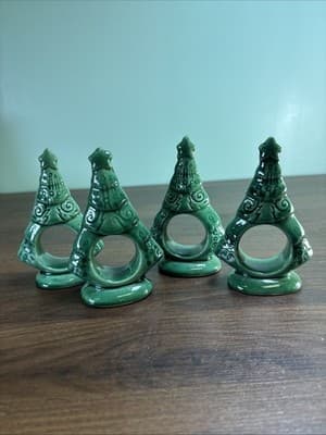 Christmas Ceramic Tree Napkin Rings Handmade & Perfect! Set Of 4 Vintage Large