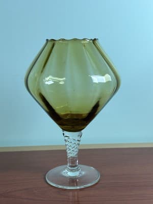 Vintage MCM 7” Empoli Amber Optic Panel Footed Snifter Compote Flower Display - Thumbnail 5