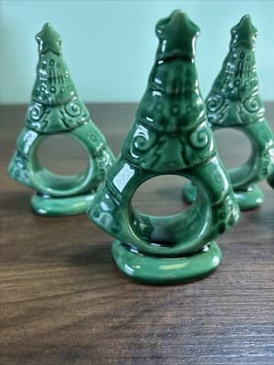 Christmas Ceramic Tree Napkin Rings Handmade & Perfect! Set Of 4 Vintage Large - Thumbnail 4