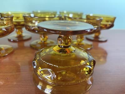 6 INDIANA Amber Glass KINGS CROWN Thumbprint Footed 6oz SHERBET Dessert Dish 3"T - Thumbnail 8