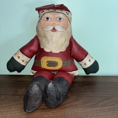 Vintage Hand Painted Fabric Folk Art Santa Claus Sitting Figure Doll 12"