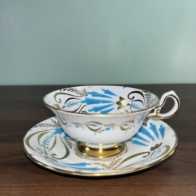 Royal Chelsea 3800A Turquoise Birds & Leaves Footed Cup and Saucer Gold Oriental - Thumbnail 2