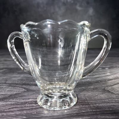 Vintage Clear Glass Open Sugar Bowl with Handles and Scalloped Rim