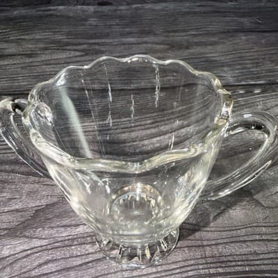 Vintage Clear Glass Open Sugar Bowl with Handles and Scalloped Rim - Thumbnail 2