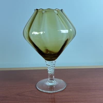 Vintage MCM 7” Empoli Amber Optic Panel Footed Snifter Compote Flower Display - Thumbnail 7