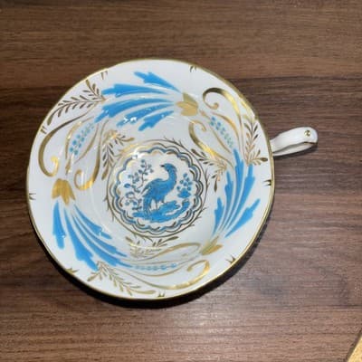 Royal Chelsea 3800A Turquoise Birds & Leaves Footed Cup and Saucer Gold Oriental - Thumbnail 9