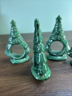 Christmas Ceramic Tree Napkin Rings Handmade & Perfect! Set Of 4 Vintage Large - Thumbnail 3